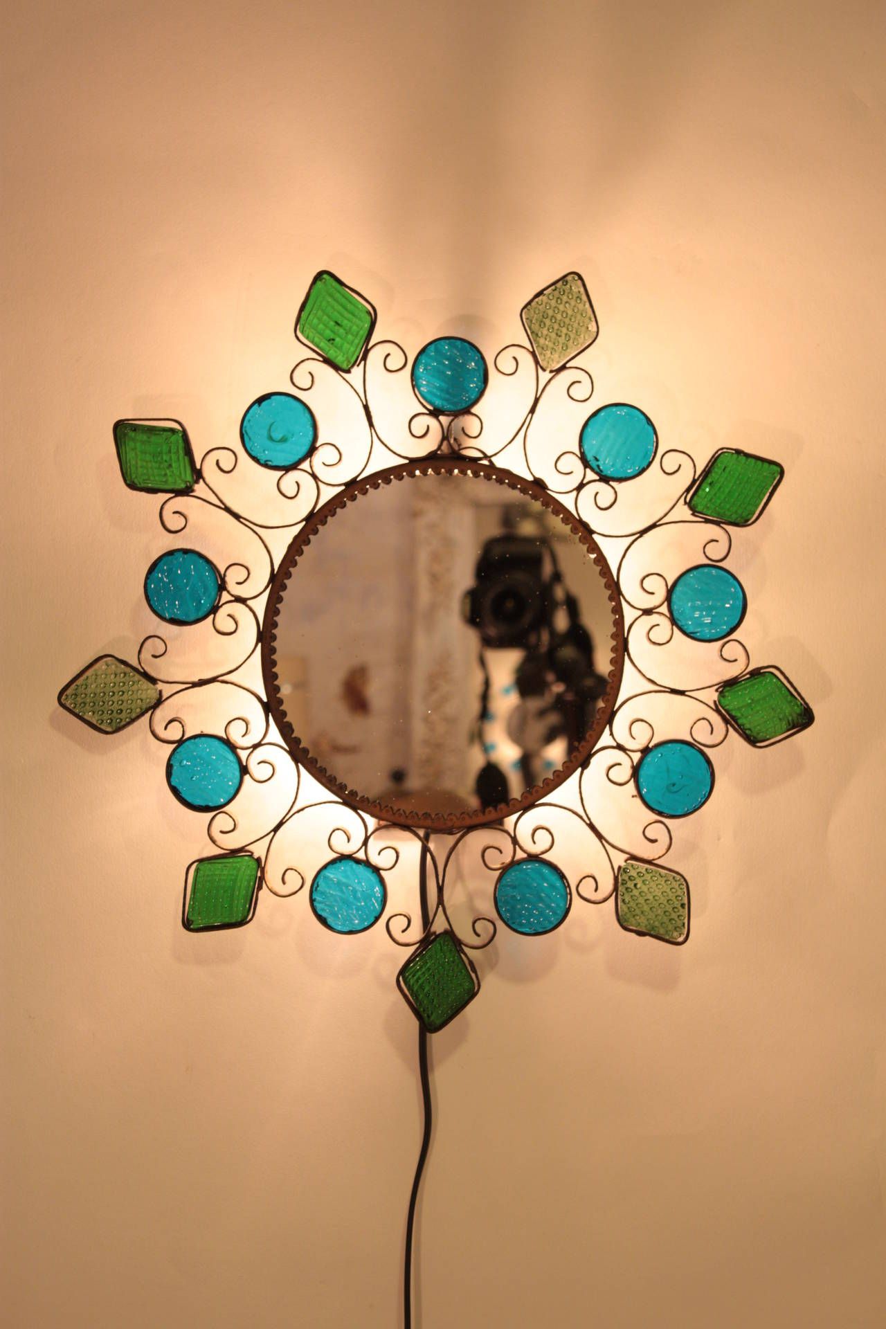 Spanish Blue And Green Glasses Iron Mirror Wall Sconce For Sale At 1stdibs Intended For Blue Green Wall Mirrors (View 3 of 15)