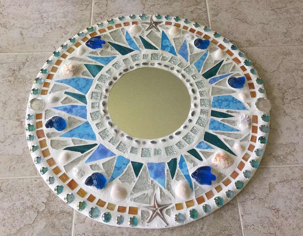 Stained Glass Round Mosaic 20" Wall Mirror/hand Crafted Mirror/sea Inside Shell Mosaic Wall Mirrors (View 4 of 15)