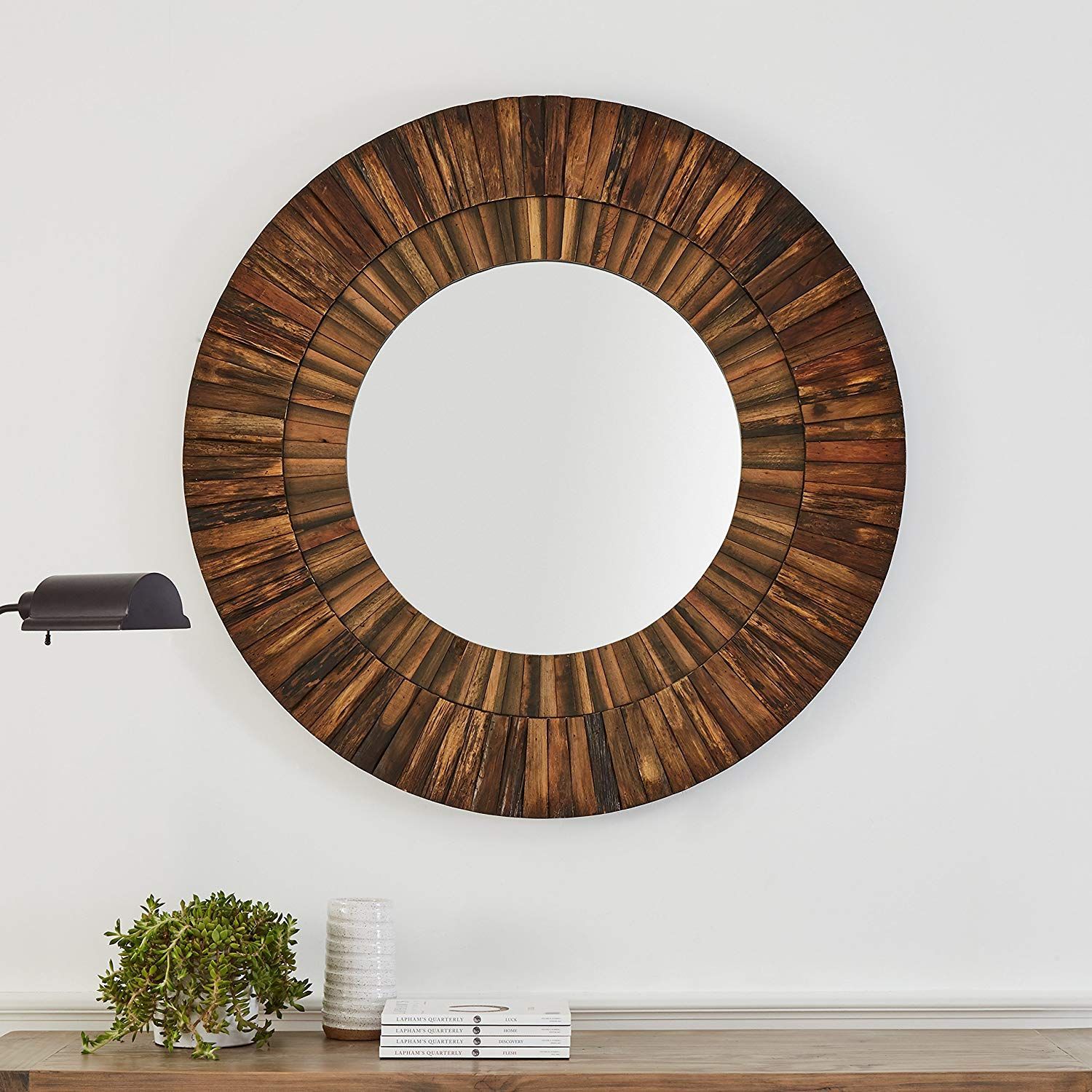 Stone & Beam Round Layered Wood Mirror, 42" H, Dark Wood Finish – Wall Throughout Organic Natural Wood Round Wall Mirrors (View 13 of 15)
