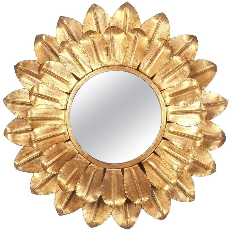 Sunburst Large Round Gold Leaf Backlit Mirror, France 1960 For Leaf Post Sunburst Round Wall Mirrors (View 15 of 15)