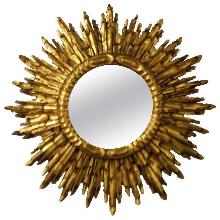 Sunburst Mirror, Gold Leaf Gilded Wood, France Circa 1920, 28" In For Leaf Post Sunburst Round Wall Mirrors (View 4 of 15)