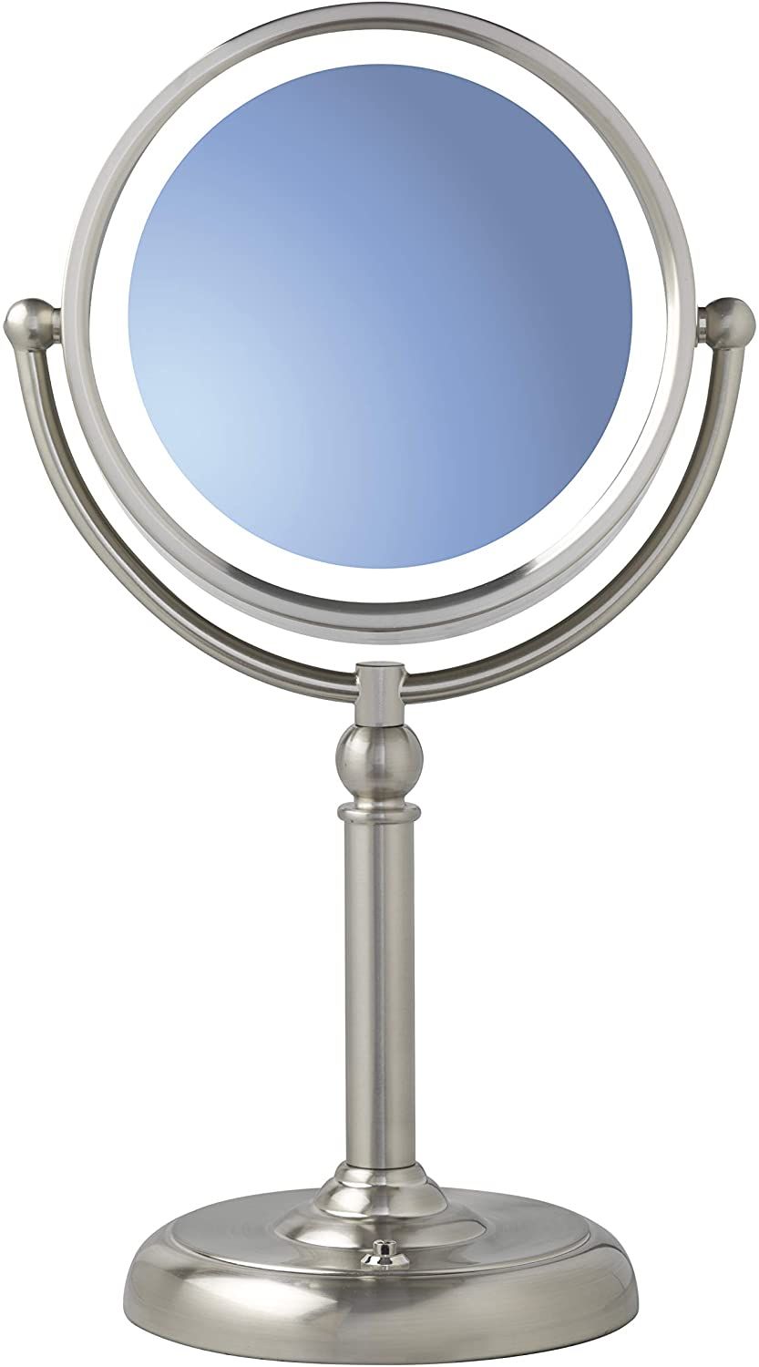 Sunter Led Vanity Mirror Brushed Nickel, Two Sided 1x/10x Magnification Inside Single Sided Polished Nickel Wall Mirrors (View 9 of 15)