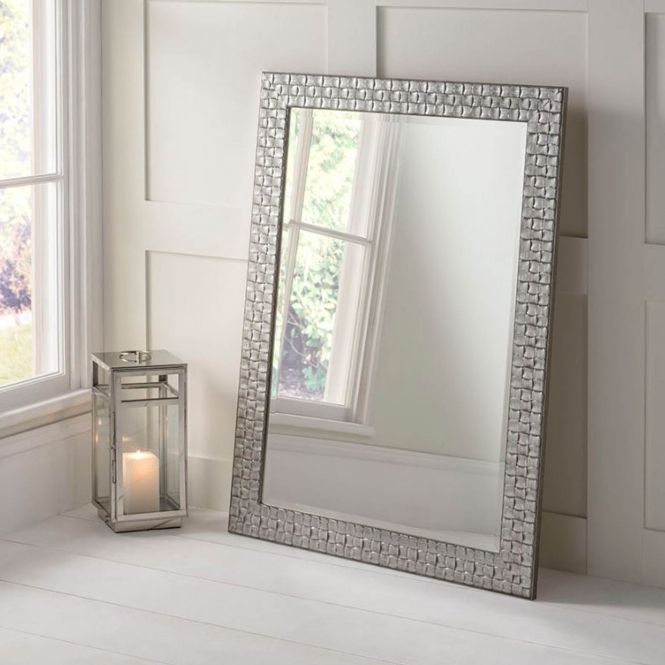 Textured White And Silver Rectangular Wall Mirror | Homesdirect365 Inside Silver Asymmetrical Wall Mirrors (View 9 of 15)