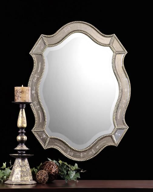 This Shapely Mirror Features Golden Antiqued, Etched Mirrors Accented Inside Antique Gold Etched Wall Mirrors (View 4 of 15)