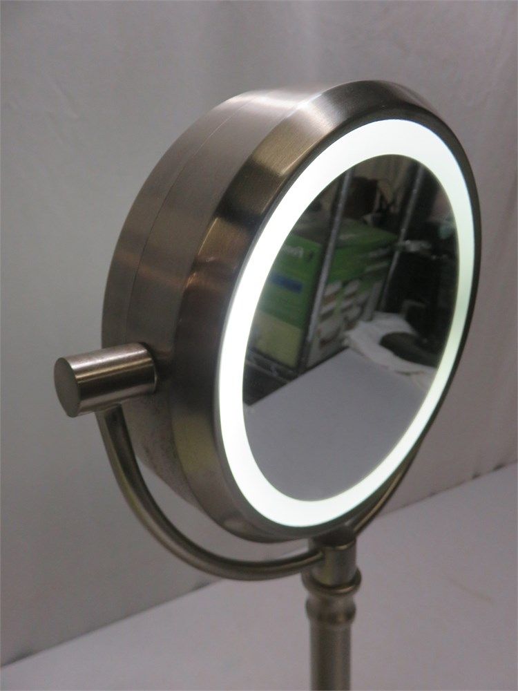 Transitional Design Online Auctions – 2 Sided Led Brushed Nickel Vanity With Single Sided Polished Nickel Wall Mirrors (Photo 8 of 15)