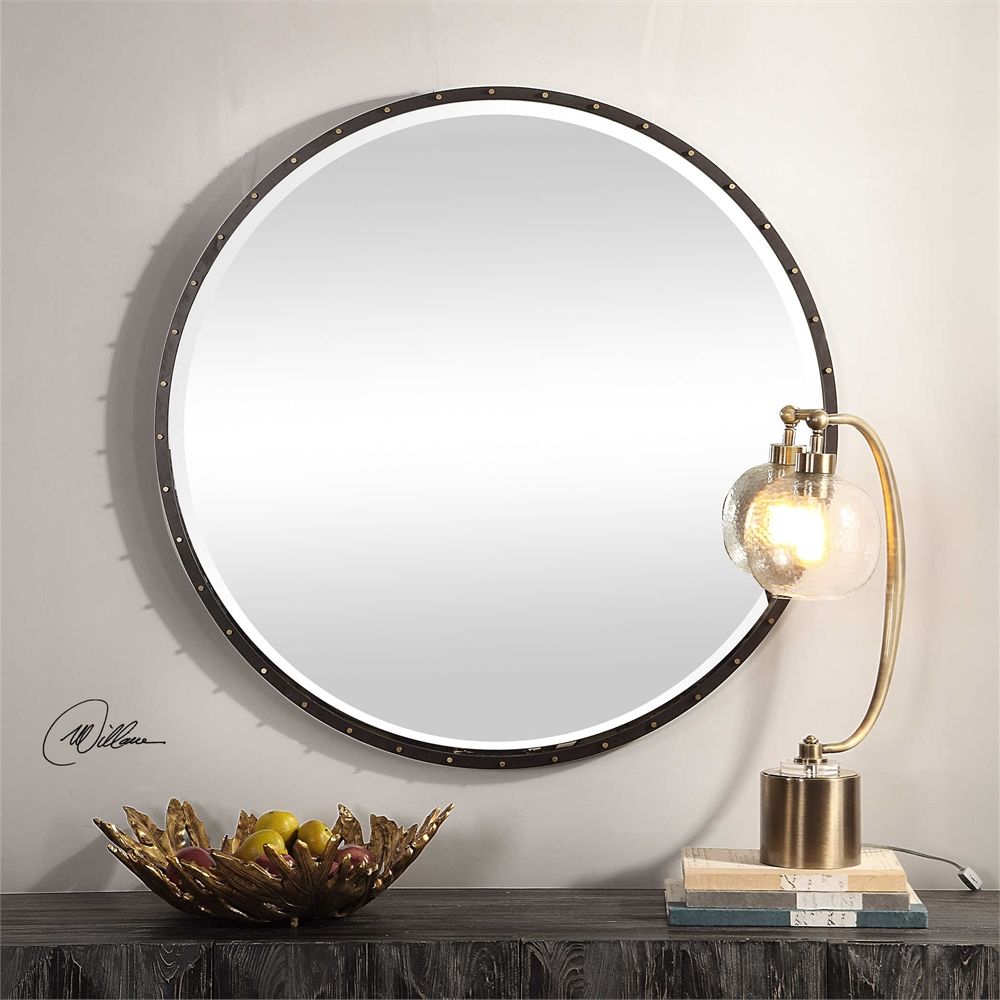 Urban Industrial Black Iron Round Wall Mirror Large 42" Vanity Bath Pertaining To Round Metal Luxe Gold Wall Mirrors (View 9 of 15)