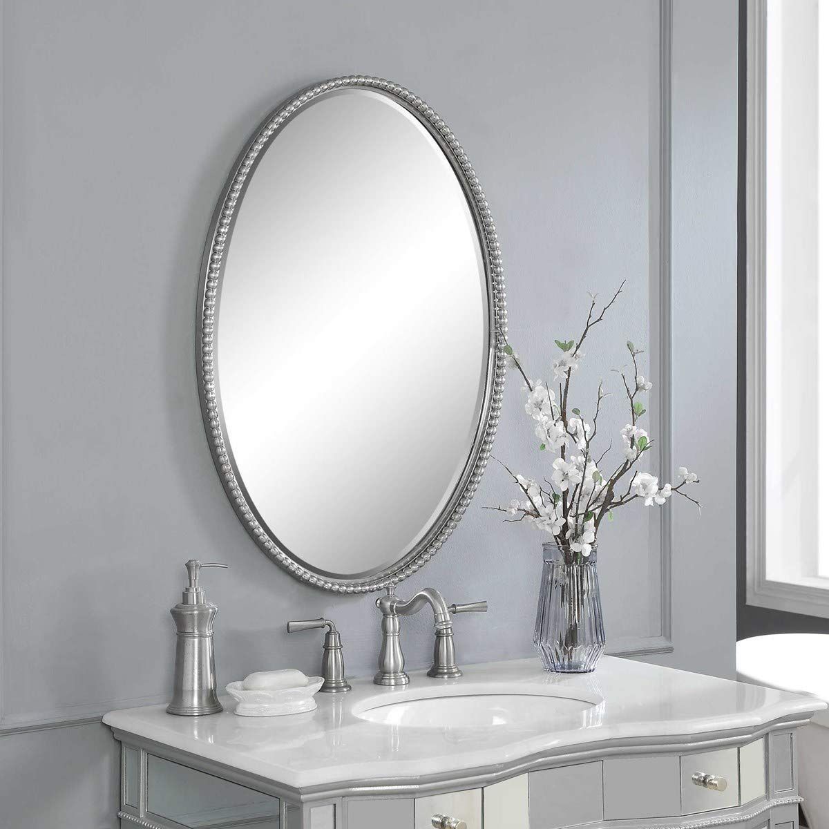 Uttermost' 01102 Sherise Oval Brushed Nickel Beaded Wall Mirror Inside Nickel Framed Oval Wall Mirrors (View 10 of 15)