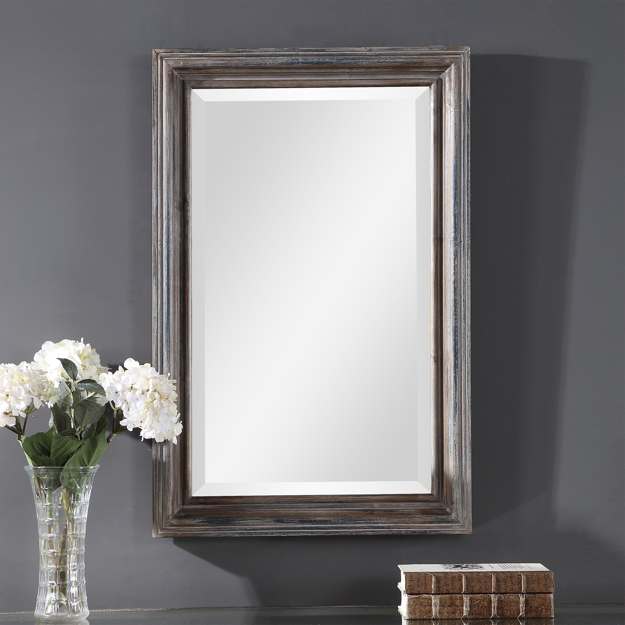 Uttermost Gulliver Distressed Blue Vanity Wall Mirror Solid Wood With Kristy Rectangular Beveled Vanity Mirrors In Distressed (View 1 of 15)