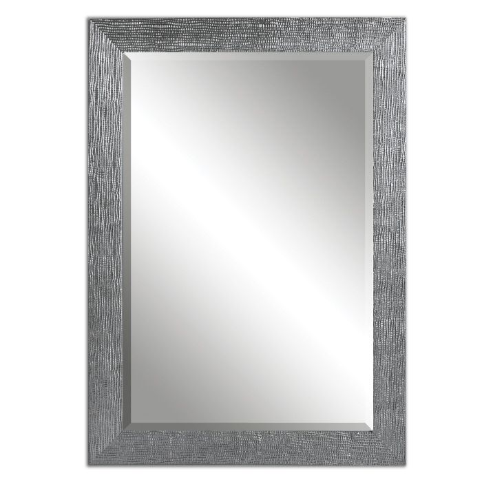 Vanity Silver Gray Rectangular Beveled Wall Mirror Large 42" Modern Pertaining To Silver Decorative Wall Mirrors (View 10 of 15)