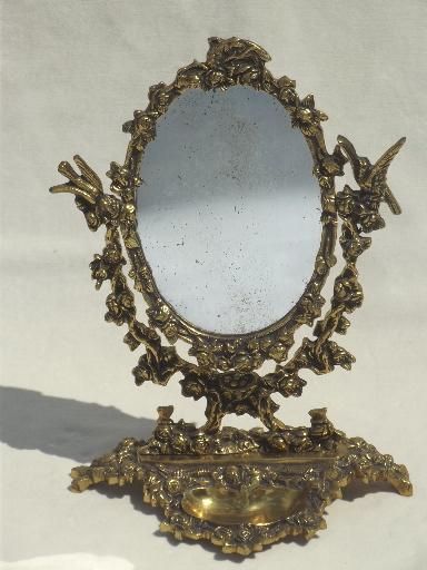 Vintage Gilt Brass Mirror Vanity Stand, Ornate Fairy Tale Gold Oval Frame Pertaining To Aged Silver Vanity Mirrors (View 1 of 15)