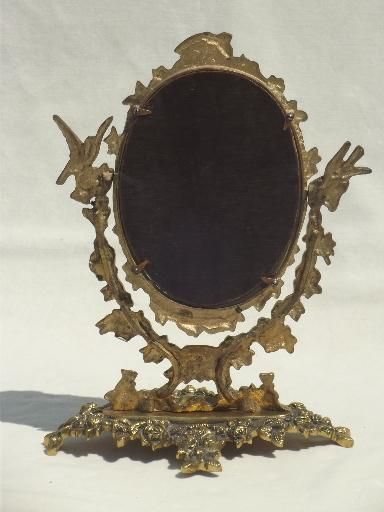 Vintage Gilt Brass Mirror Vanity Stand, Ornate Fairy Tale Gold Oval Frame With Regard To Aged Silver Vanity Mirrors (View 12 of 15)