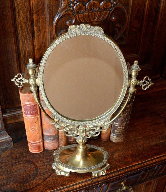 Vintage Large French Brass Vanity Mirror On Stand Pedestal With Antique Brass Standing Mirrors (View 5 of 15)