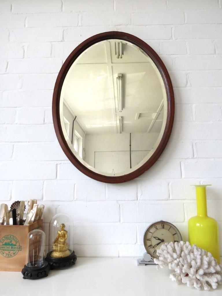 Vintage Large Oval Art Deco Bevelled Edge Wall Mirror With Wood In Smoke Edge Wall Mirrors (View 1 of 15)