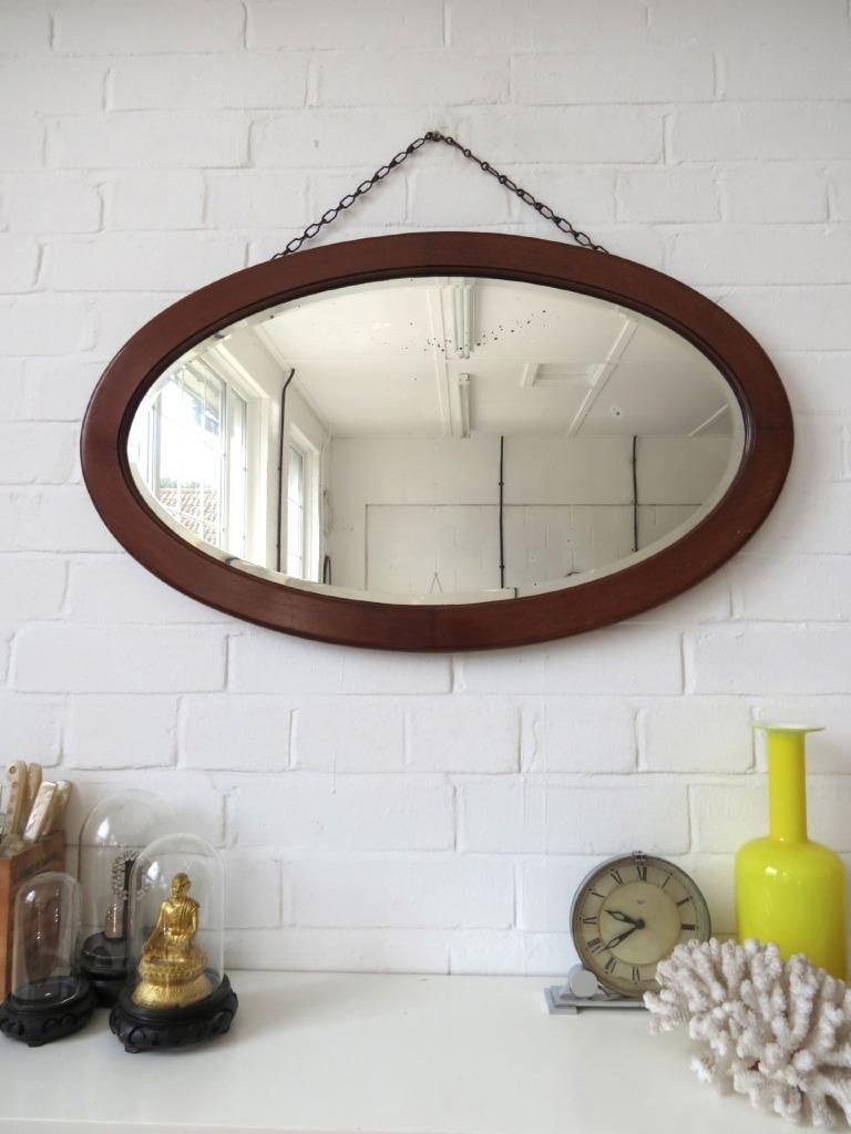 Vintage Large Oval Art Deco Bevelled Edge Wall Mirror With Wooden Frame Pertaining To Edged Wall Mirrors (View 2 of 15)