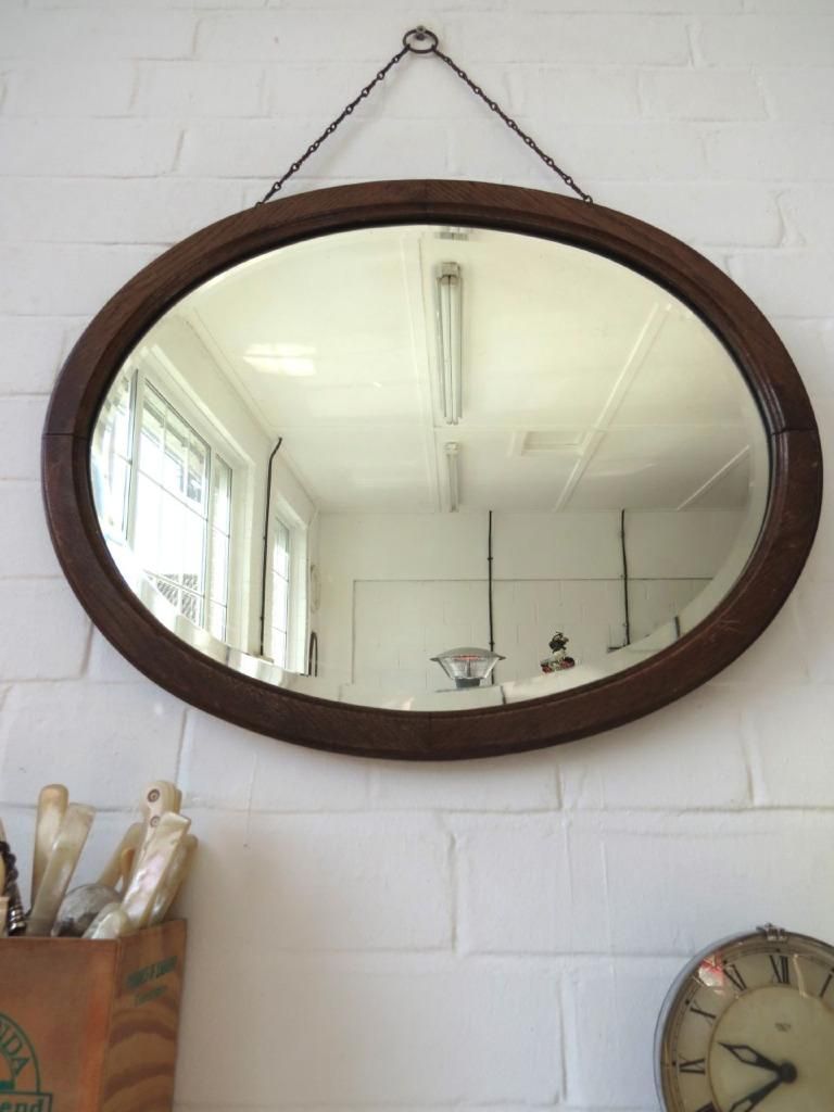 Vintage Large Oval Art Deco Bevelled Edge Wall Mirror With Wooden Frame Regarding Edged Wall Mirrors (View 1 of 15)