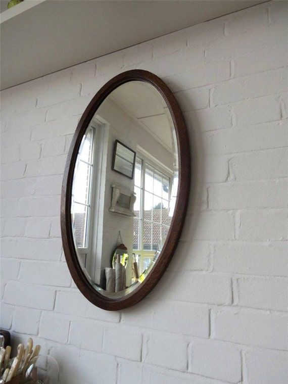Vintage Large Oval Bevelled Edge Wall Mirror With Wood Art Within Smoke Edge Wall Mirrors (View 13 of 15)
