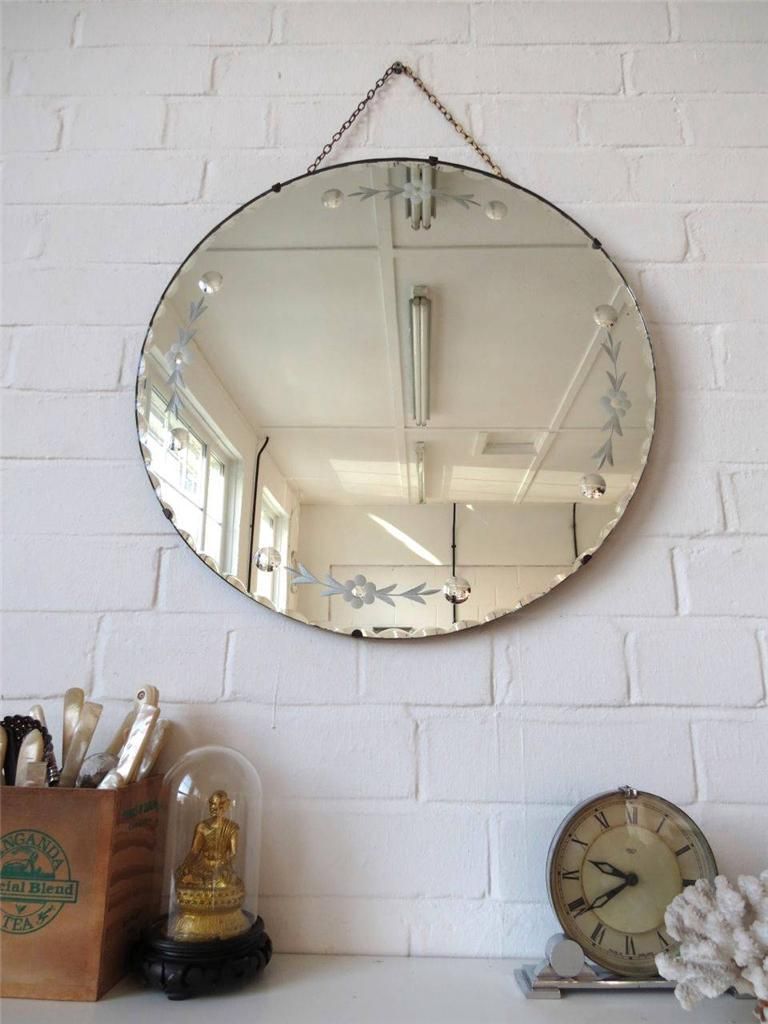 Vintage Large Round Bevelled Edge Art Deco Wall Mirror With Engraved For Round Edge Wall Mirrors (View 3 of 15)