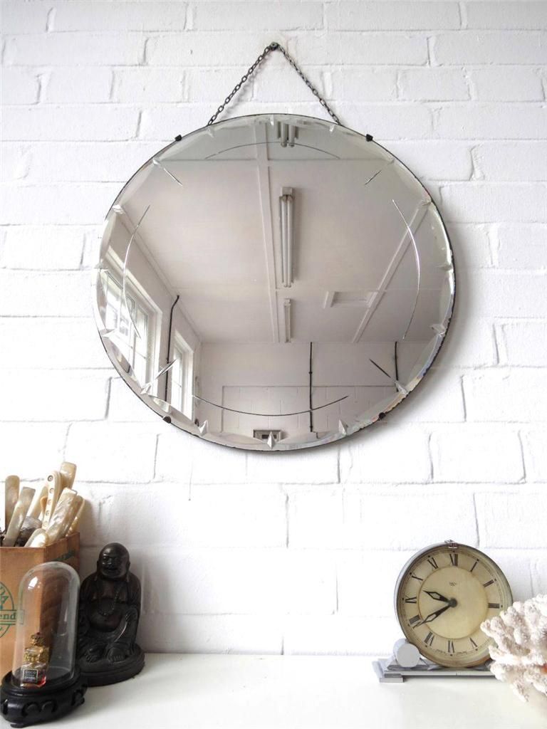 Vintage Large Round Bevelled Edge Wall Mirror Engraved Art Deco Beveled In Round Edge Wall Mirrors (View 4 of 15)
