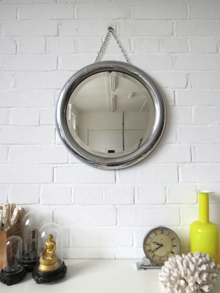 Vintage Round Art Deco Bevelled Edge Wall Mirror With Chrome Frame | Ebay In Round Edge Wall Mirrors (View 10 of 15)
