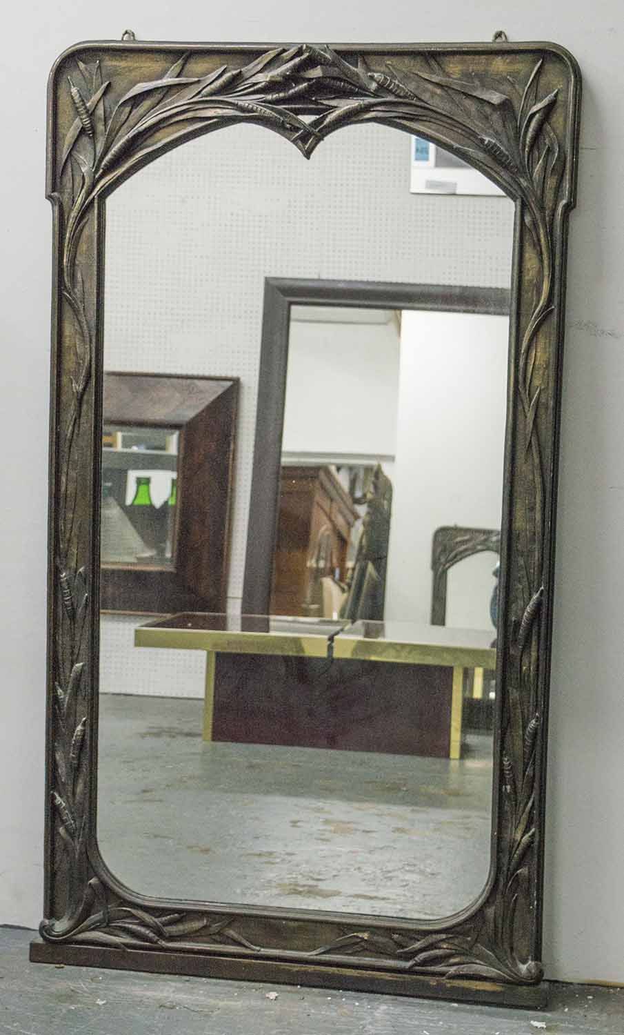 Wall Mirror, Art Nouveau Bronze With Arched Bull Rush Cast Frame, 134cm With Regard To Bronze Arch Top Wall Mirrors (View 7 of 15)