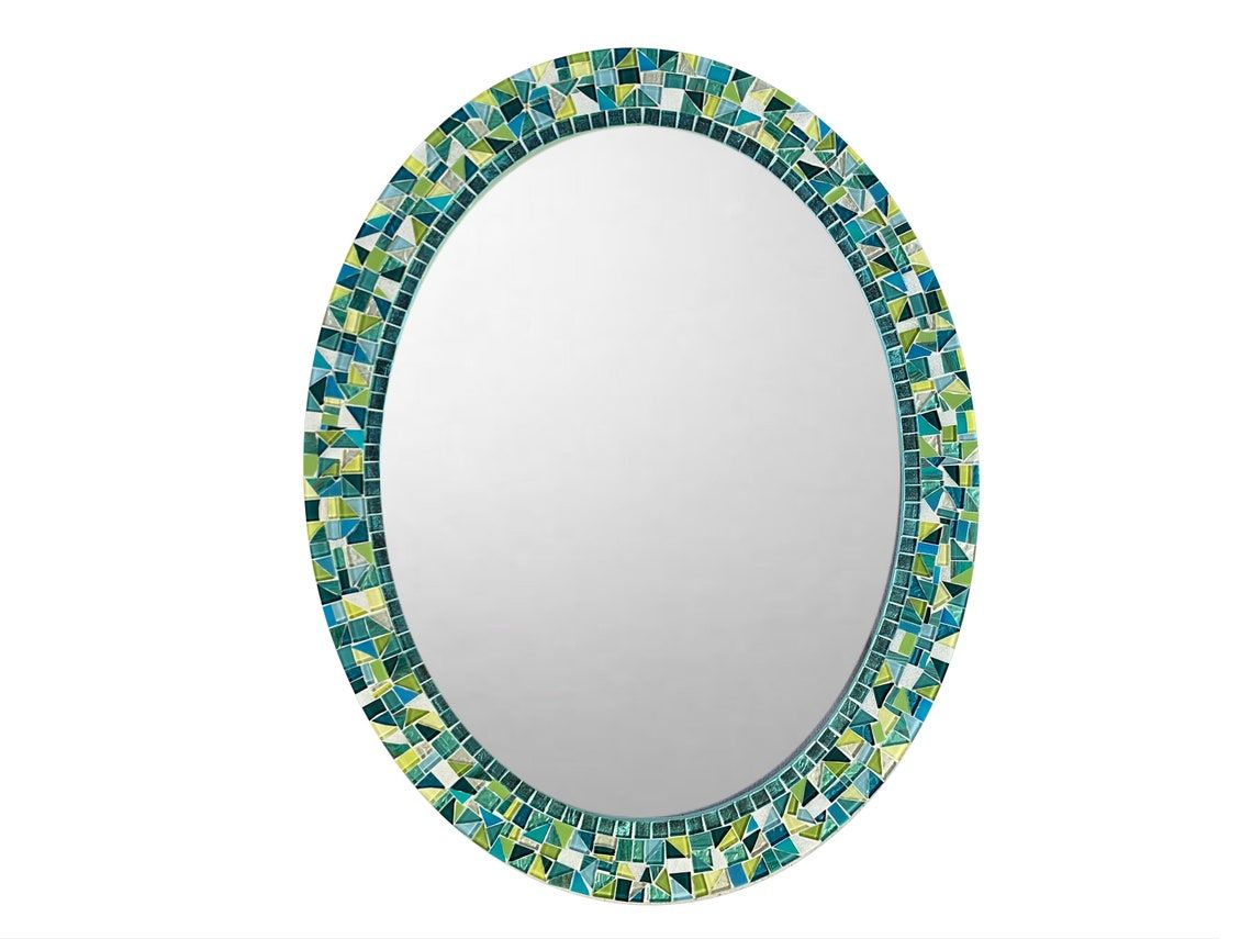 Wall Mirror Mosaic Mirror Oval Bathroom Mirror Teal | Etsy Throughout Mosaic Oval Wall Mirrors (View 5 of 15)