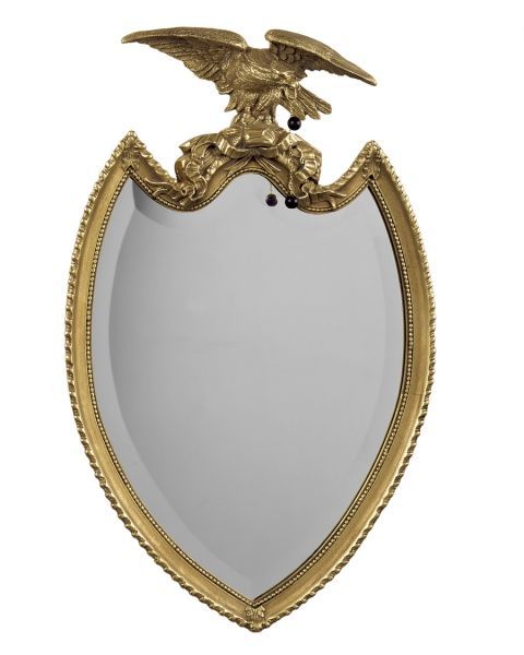 Wood And Composition Shield Design Beveled Mirror With Eagle, Two Balls Inside Ring Shield Gold Leaf Wall Mirrors (View 11 of 15)