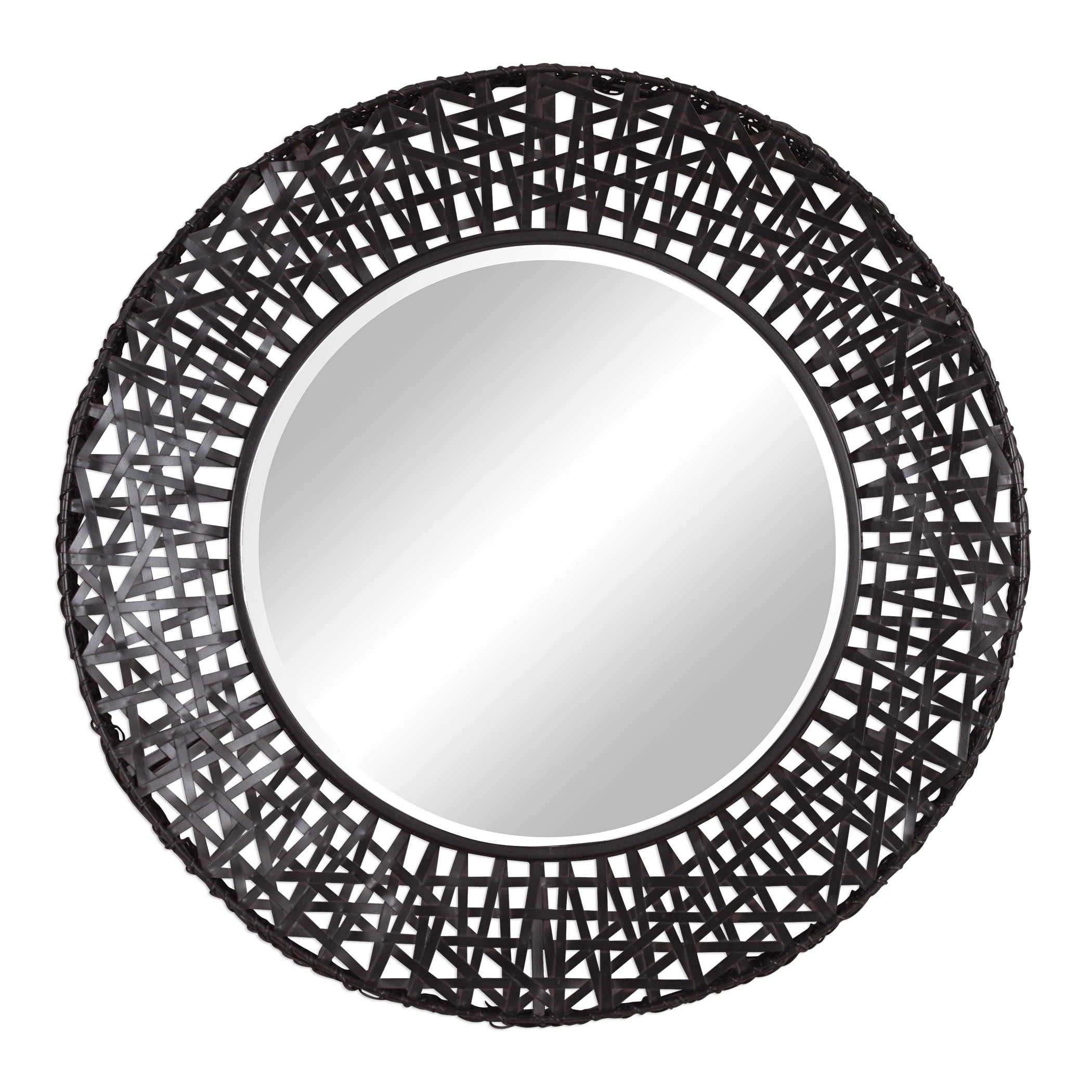 Woven Black Metal Strips Round Wall Mirror Modern Large 37 With Regard To Scalloped Round Wall Mirrors (View 9 of 15)