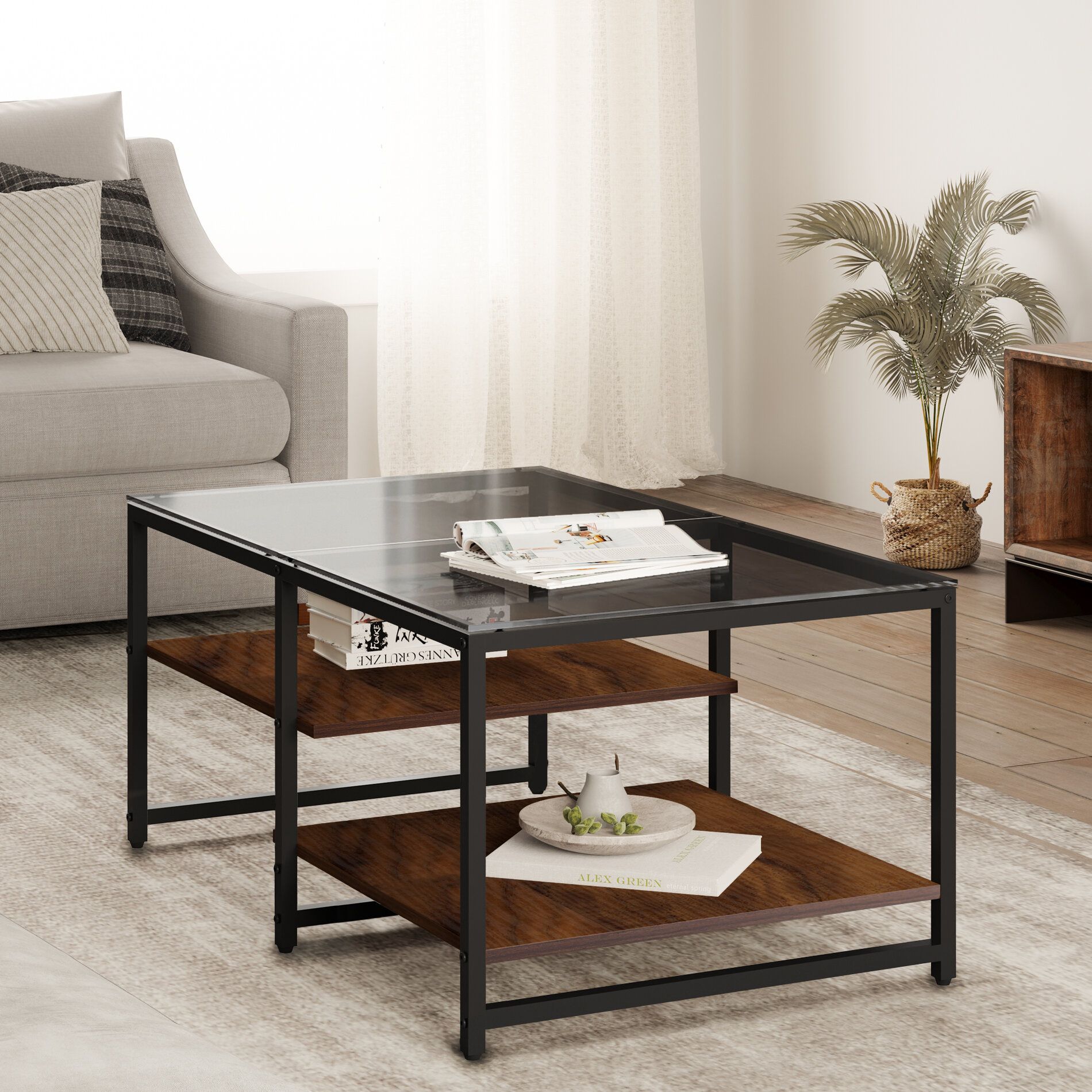 17 Stories Keian Morden Glass Coffee Table With Storage Shelf Shelves, 39.3  X 23.6 X  (View 2 of 15)
