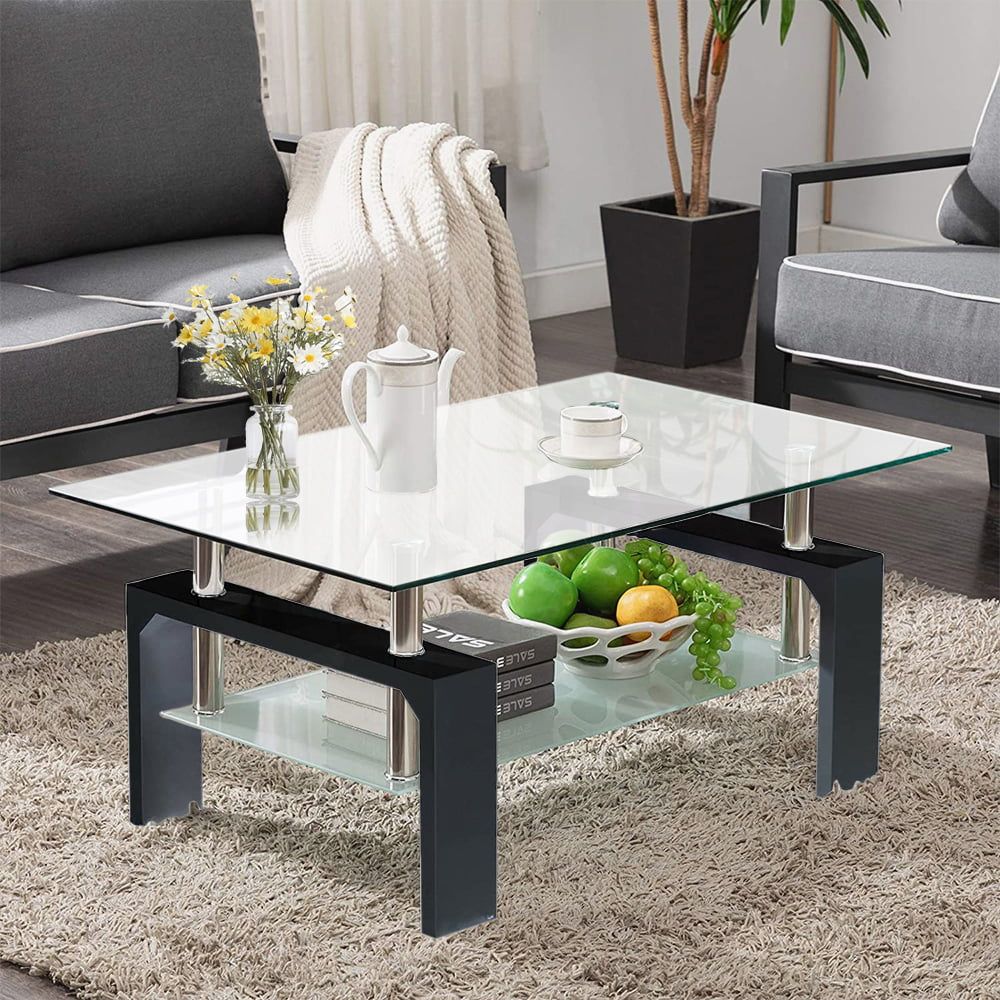 2 Tier Glass Coffee Table, Rectangle Open Shelf Coffee Accent Table, Living  Room Table With Glass Shelf, Large Storage Space Cocktail Table, Center  Table With Metal Legs For Home Office, B1264 – Walmart Regarding Glass Open Shelf Coffee Tables (View 6 of 15)