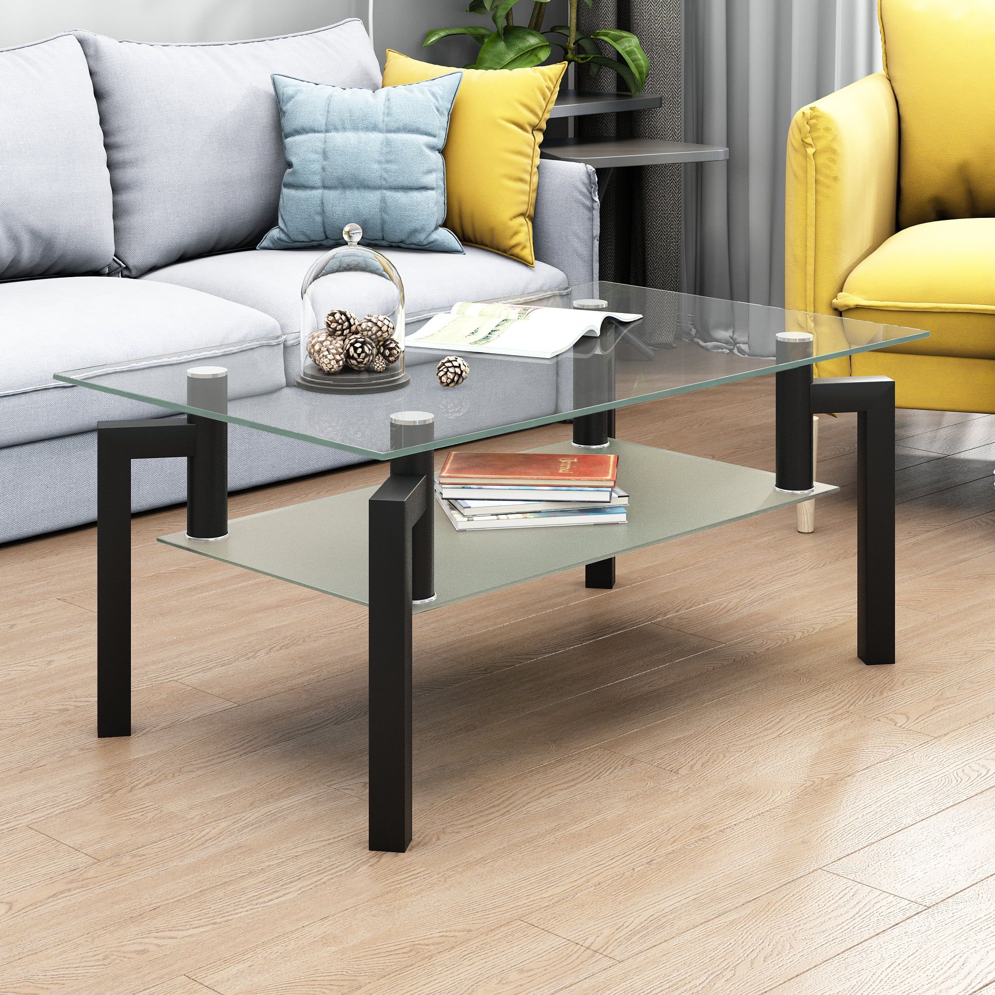 2 Tier Glass Coffee Table, Rectangle Open Shelf Coffee Accent Table, Living  Room Table With Glass Shelf, Large Storage Space Cocktail Table, Center  Table With Wooden Legs For Home Office, B1258 – Walmart Pertaining To Glass Open Shelf Coffee Tables (View 4 of 15)