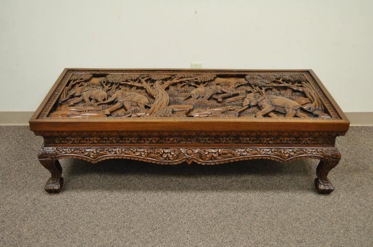20th Century Vietnamese Hand Carved Asian Coffee Low Table With Elephant  Scene For Sale At 1stdibs With Wooden Hand Carved Coffee Tables (View 6 of 15)