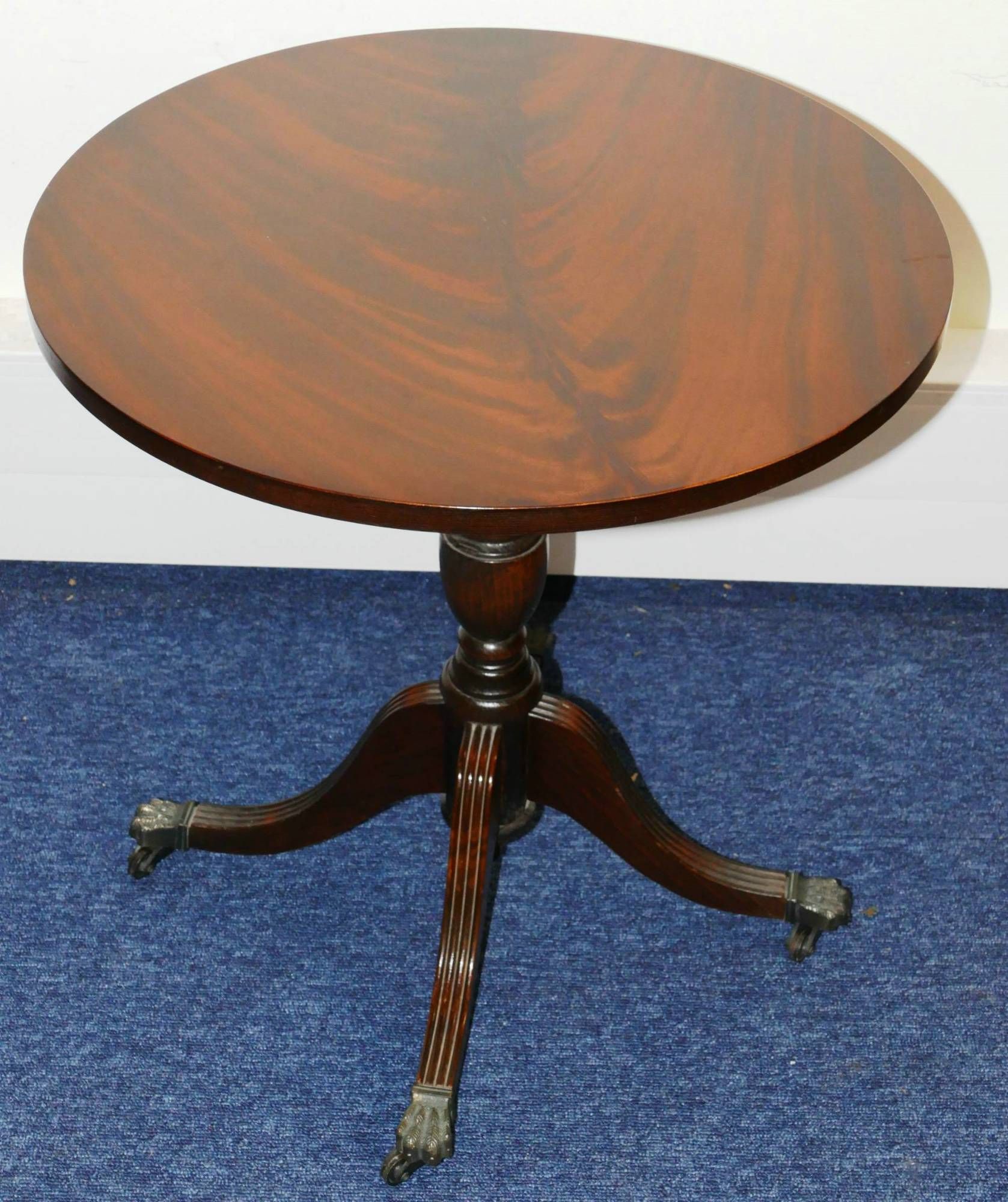 A Reproduction Mahogany Round Coffee Table On Turned Stem Having 4 Splayed  Legs With Gilt Metal Claw Feet And Casters, 49.5cm Diameter. From P.f (View 14 of 15)