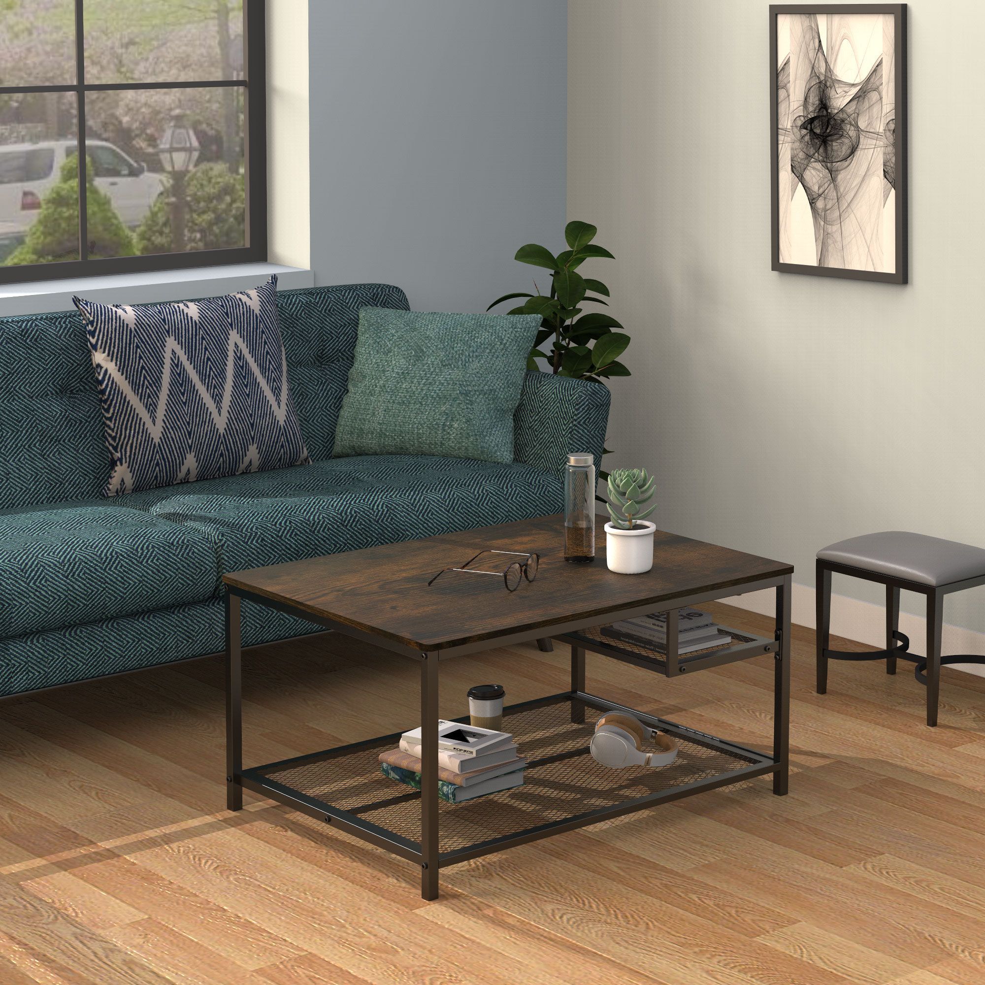 Anysun Industrial Wood And Metal Coffee Table With 2 Tiered Shelf, Brown –  Walmart Intended For 2 Tier Metal Coffee Tables (View 10 of 15)