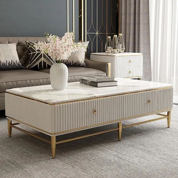 Bline 1300mm White Faux Marble Rectangle Coffee Table In Gold With Storage  4 Drawers Homary Intended For Faux Marble Gold Coffee Tables (View 3 of 15)