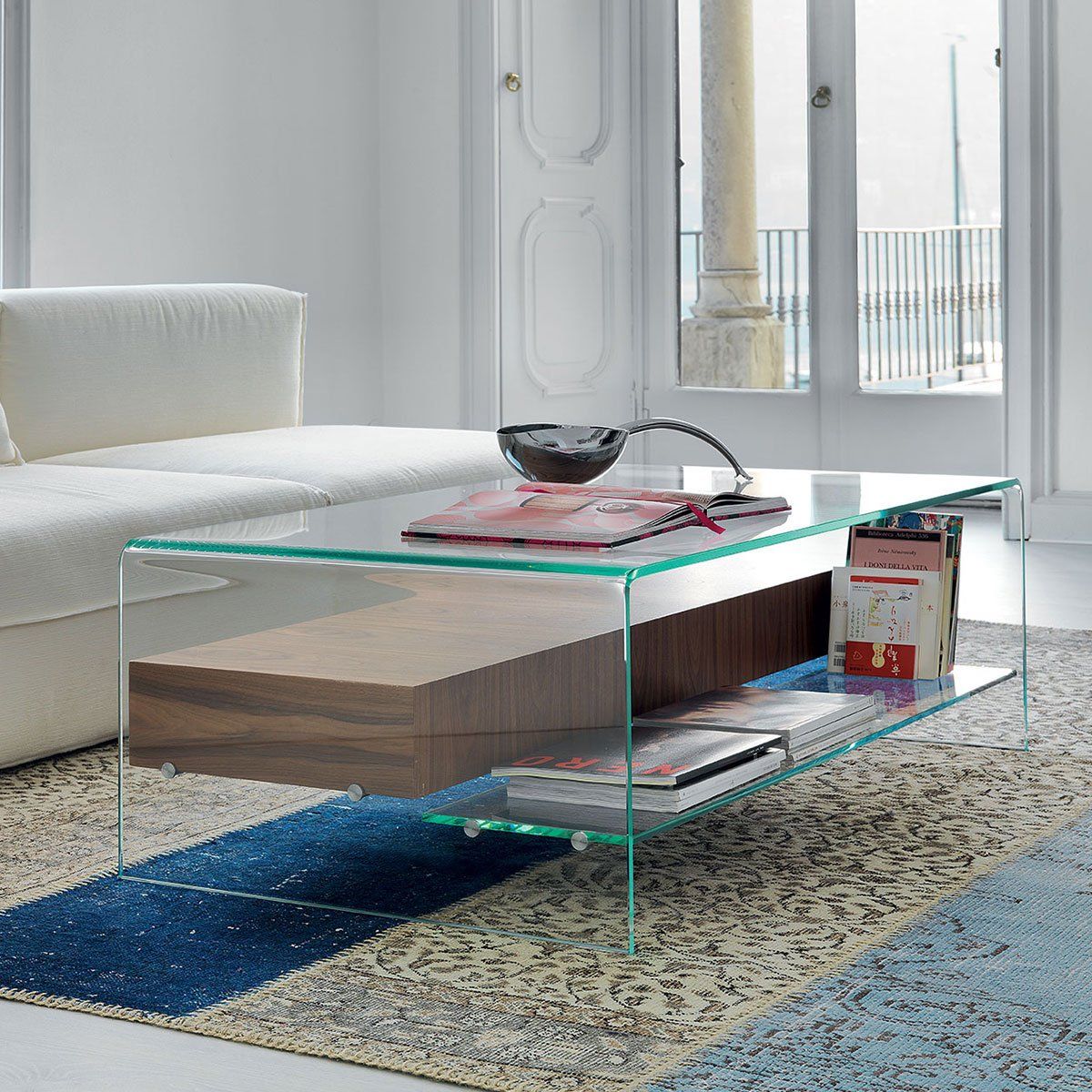 Bridge Glass Coffee Table With Shelf And Drawer – Klarity – Glass Furniture With Glass Coffee Tables With Storage Shelf (View 1 of 15)