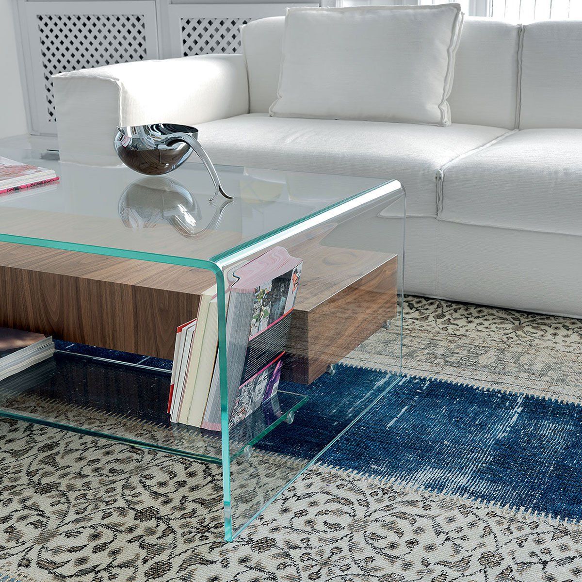 Bridge Glass Coffee Table With Shelf And Drawer – Klarity – Glass Furniture Within Glass Coffee Tables With Storage Shelf (View 5 of 15)