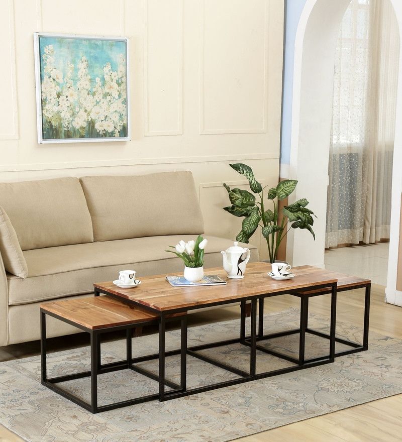 Buy Novre Solid Wood Coffee Table Set In Natural Finishbohemiana Online  – Nesting Coffee Tables Sets – Tables – Furniture – Pepperfry Product Throughout Natural Stained Wood Coffee Tables (View 2 of 15)