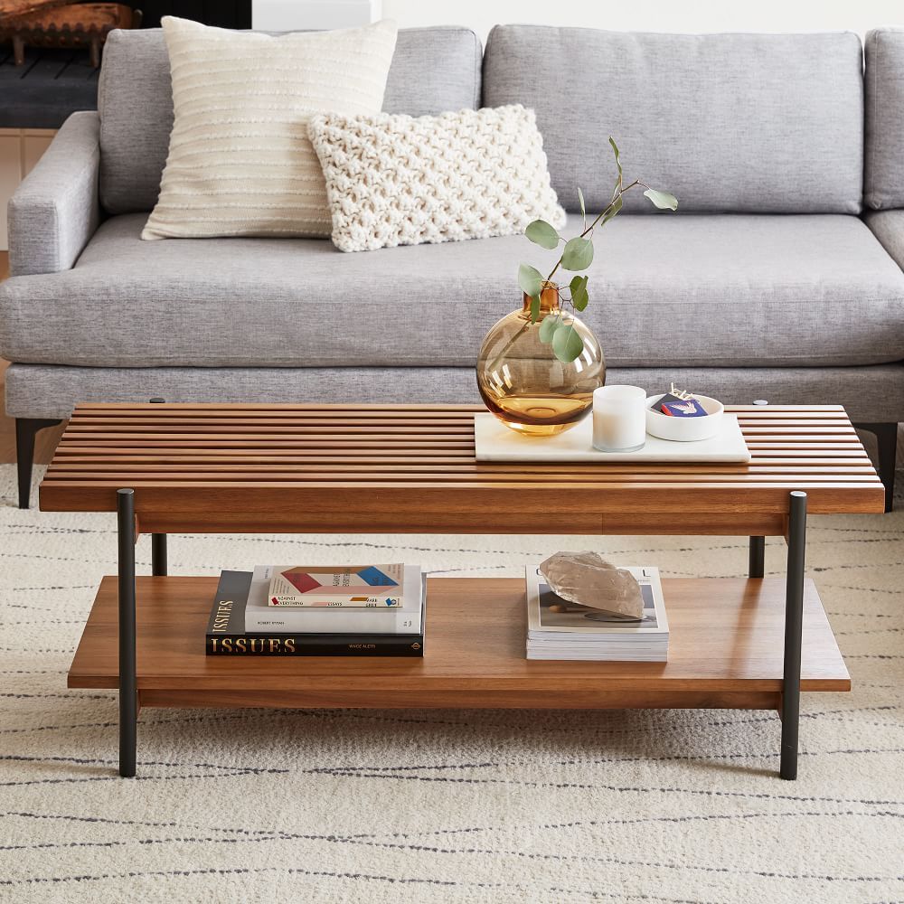 Buy Online Slatted Wood Rectangle Coffee Table, Antique Bronze Now | West  Elm Ksa Inside Slat Coffee Tables (View 1 of 15)