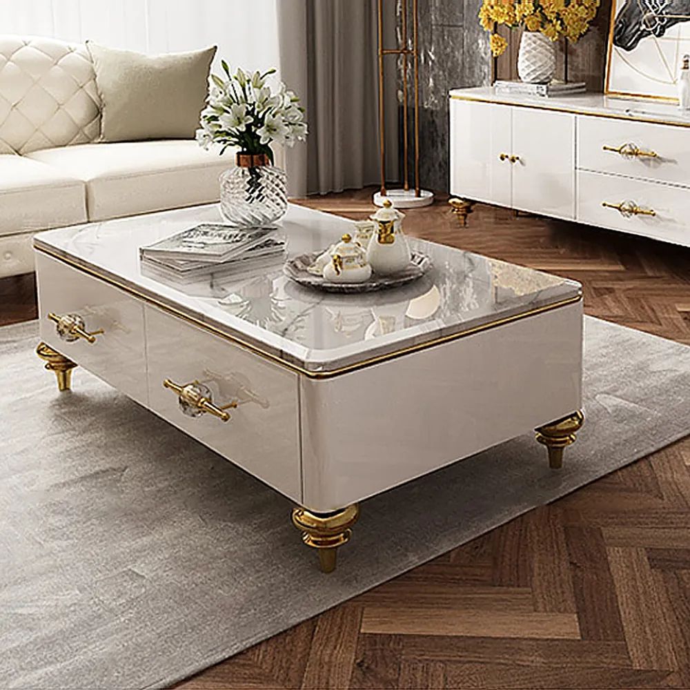 Chift 51" Modern Marble White Coffee Table & Storage Drawers Gold Stainless  Steel Legs Homary Intended For White Storage Coffee Tables (View 12 of 15)