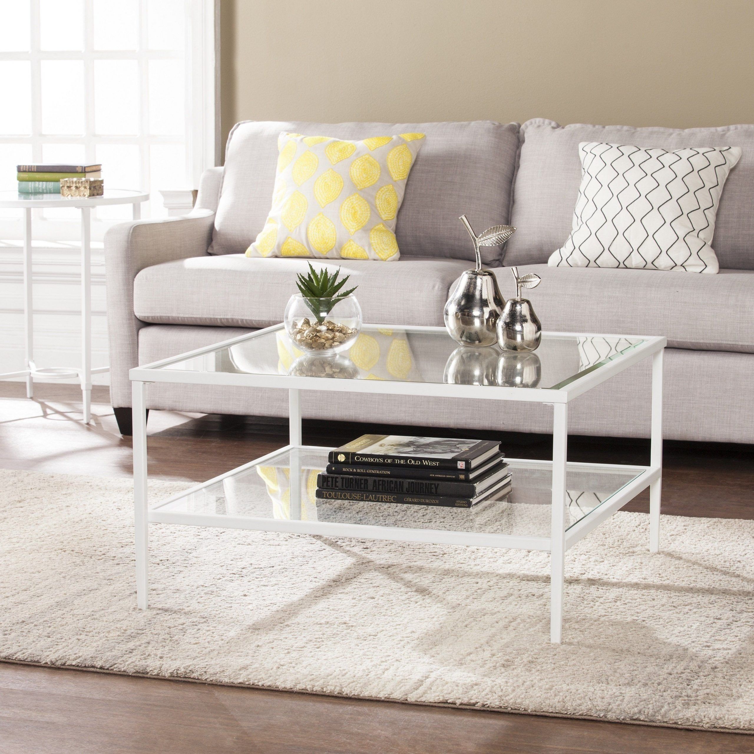 Clay Alder Home Sorlie Metal/glass Open Shelf Cocktail Table – White  (os0173kc) | Coffee Table, Coffee Table White, Coffee Table Square With Regard To Glass Open Shelf Coffee Tables (View 3 of 15)