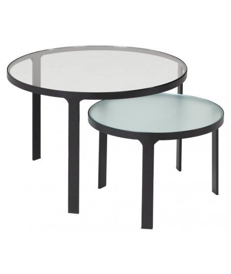 Clegar Set Of 2 Coffee Tables With Transparent And Silk Screened Glass Top  And Black Metal Structure In Glass Topped Coffee Tables (View 1 of 15)