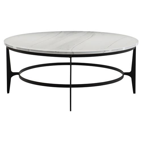 Cleo Modern Classic Round White Faux Marble Top Black Metal Round Coffee  Table 41" W – 50" W | Kathy Kuo Home Intended For White Faux Marble Coffee Tables (View 13 of 15)