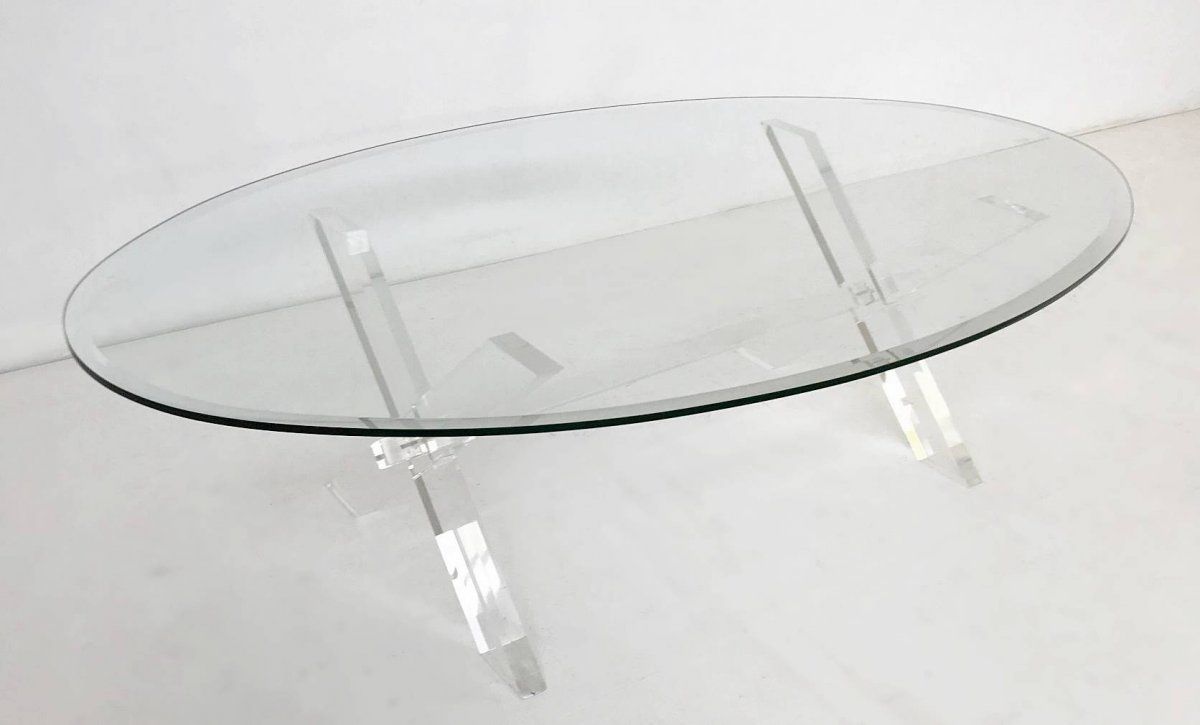 Coffee Table In X Lucite And Oval Glass – Low Table In Glass Oval Coffee Tables (View 4 of 15)