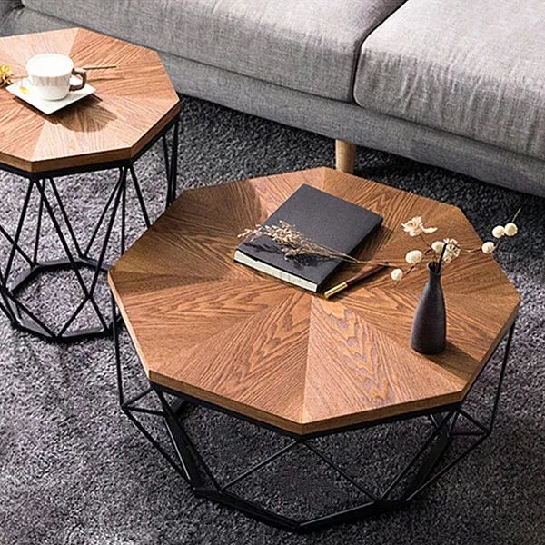 Contemporary Geometric Wood Coffee Table Walnut End Table Octagonal  Tabletop Metal Base Large Homary With Regard To Modern Geometric Coffee Tables (View 7 of 15)