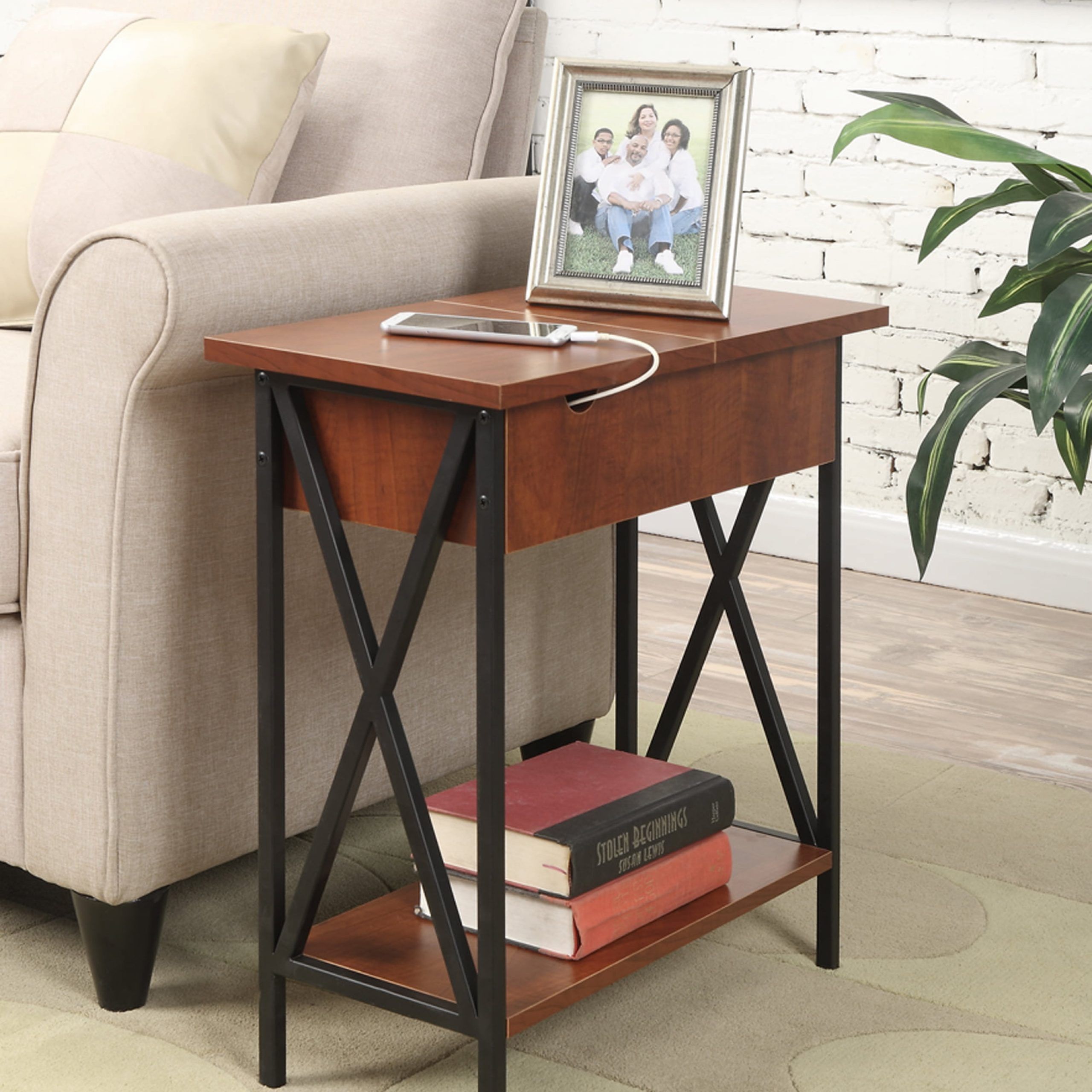 Convenience Concepts Tucson Flip Top End Table With Charging Station And  Shelf, Cherry/black – Walmart Within Coffee Tables With Charging Station (View 14 of 15)