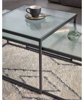 Dora Set Of 2 Coffee Tables In Real Frosted And Black Metal Industrial  Design With Regard To Glass Topped Coffee Tables (View 5 of 15)