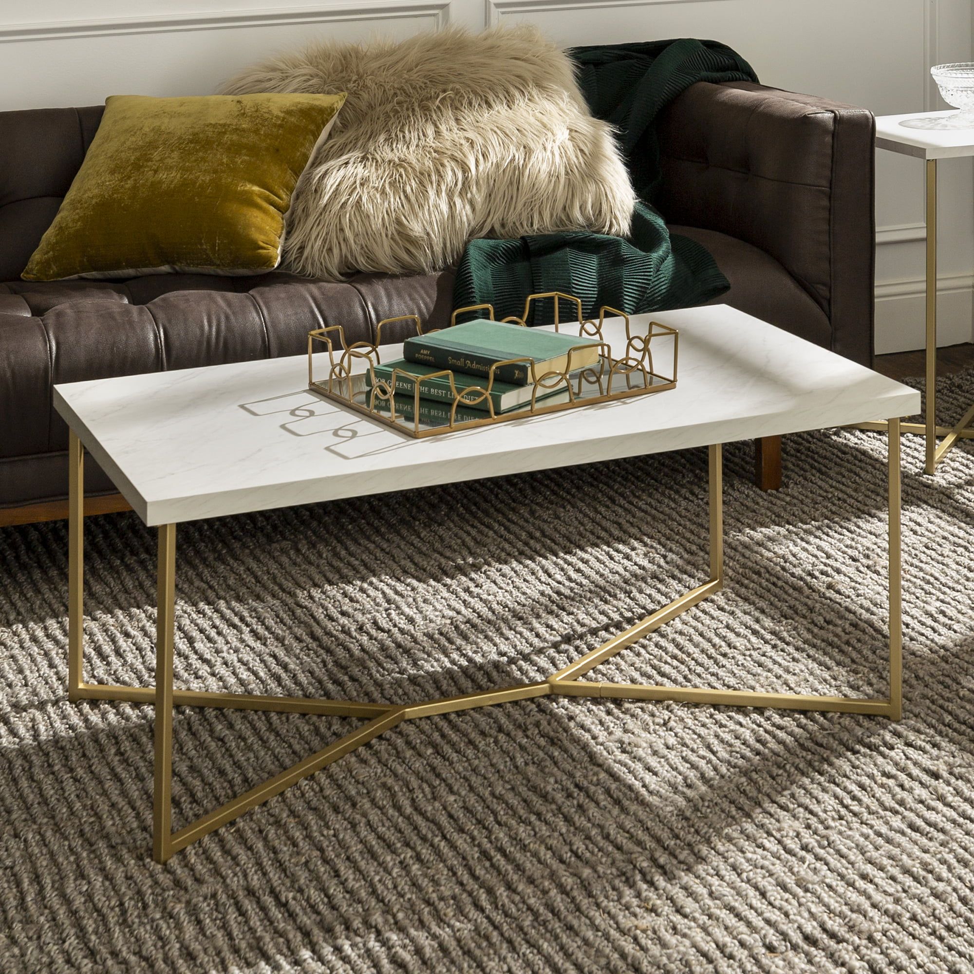 Ember Interiors Diana Y Leg Coffee Table, White Faux Marble/gold –  Walmart With Faux Marble Top Coffee Tables (View 12 of 15)