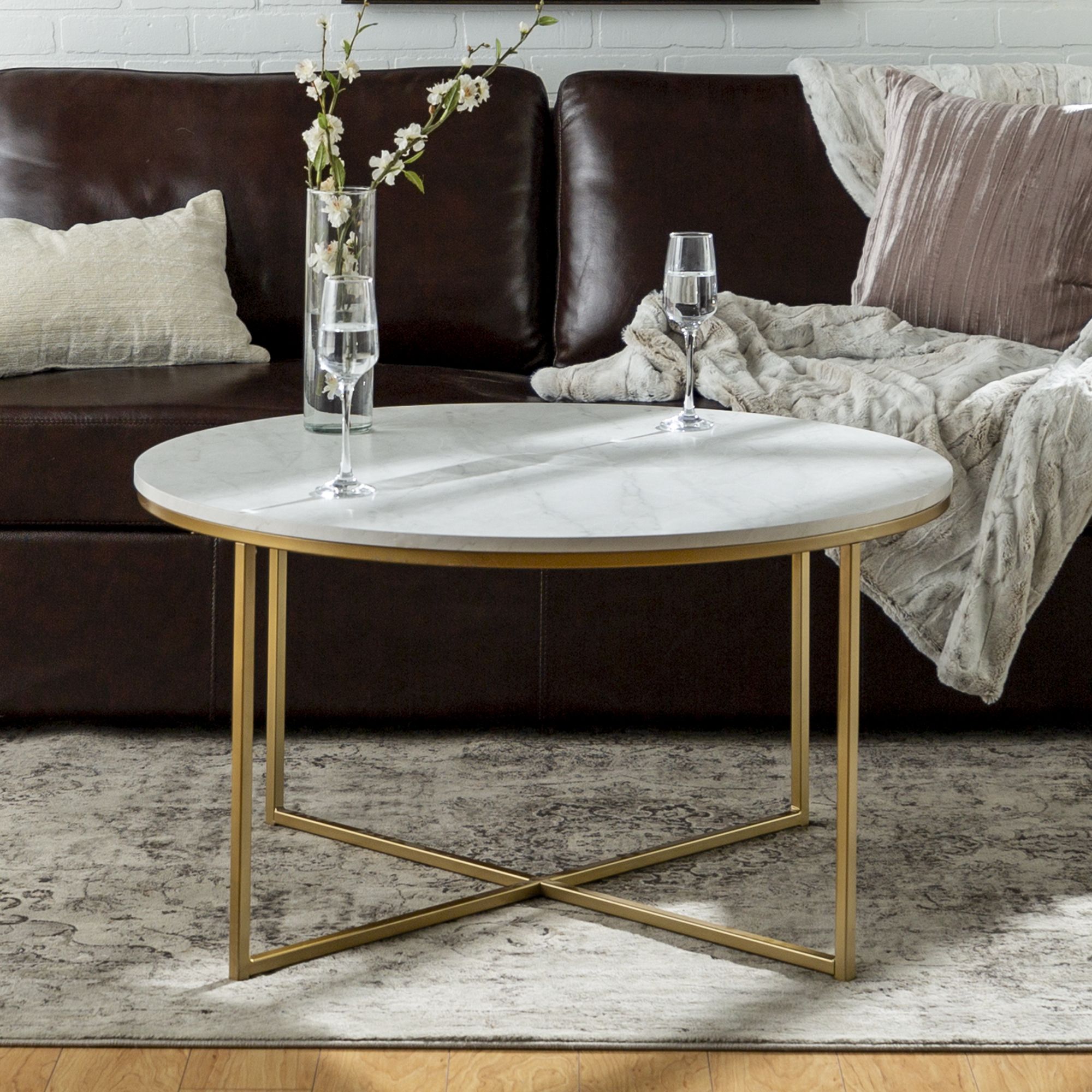 Ember Interiors Modern Round Coffee Table, Faux White Marble/gold –  Walmart Pertaining To Faux Marble Gold Coffee Tables (View 7 of 15)