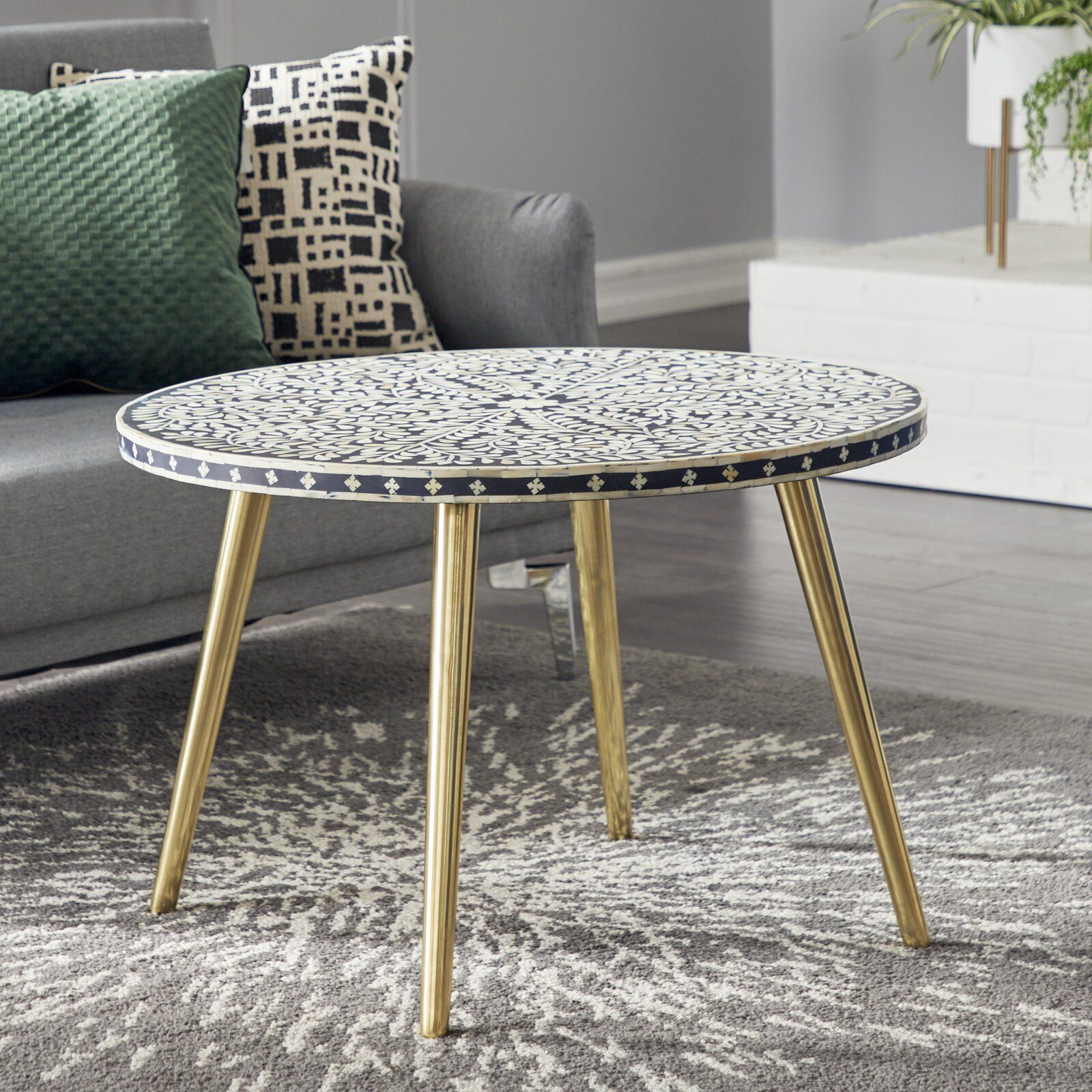 Estey Coffee Table, Top Material: Manufactured Wood, Features Shell Inlays  In Swirling Leaves Flourish On The Smooth Black Wooden Tabletop, And  Supported4 Splayed Tapered Legs In A Metal – Walmart Intended For Splayed Metal Legs Coffee Tables (View 8 of 15)