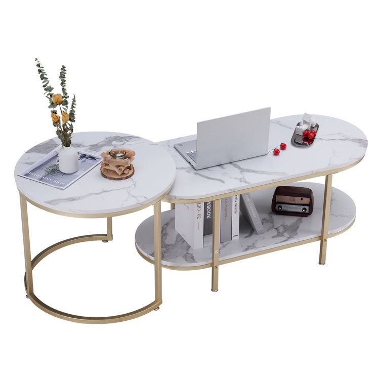 Everly Quinn White Faux Marble Top Gold Coffee Table Set Of 2, Round & Long  Oval Nesting Tables For Living Room | Wayfair With Faux Marble Gold Coffee Tables (View 14 of 15)